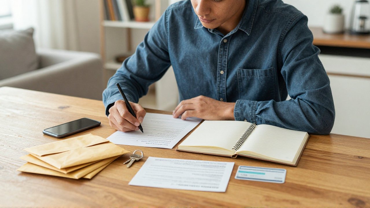 Una persona sentada frente a una mesa de madera revisa documentos, un cuaderno y varios objetos personales.