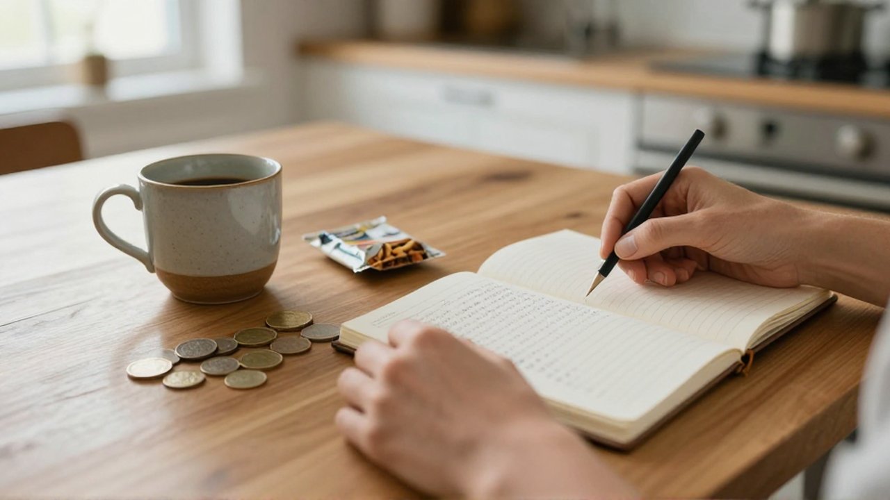 Manos organizan una taza, envoltorios y monedas junto a un cuaderno con anotaciones sobre una mesa de madera.
