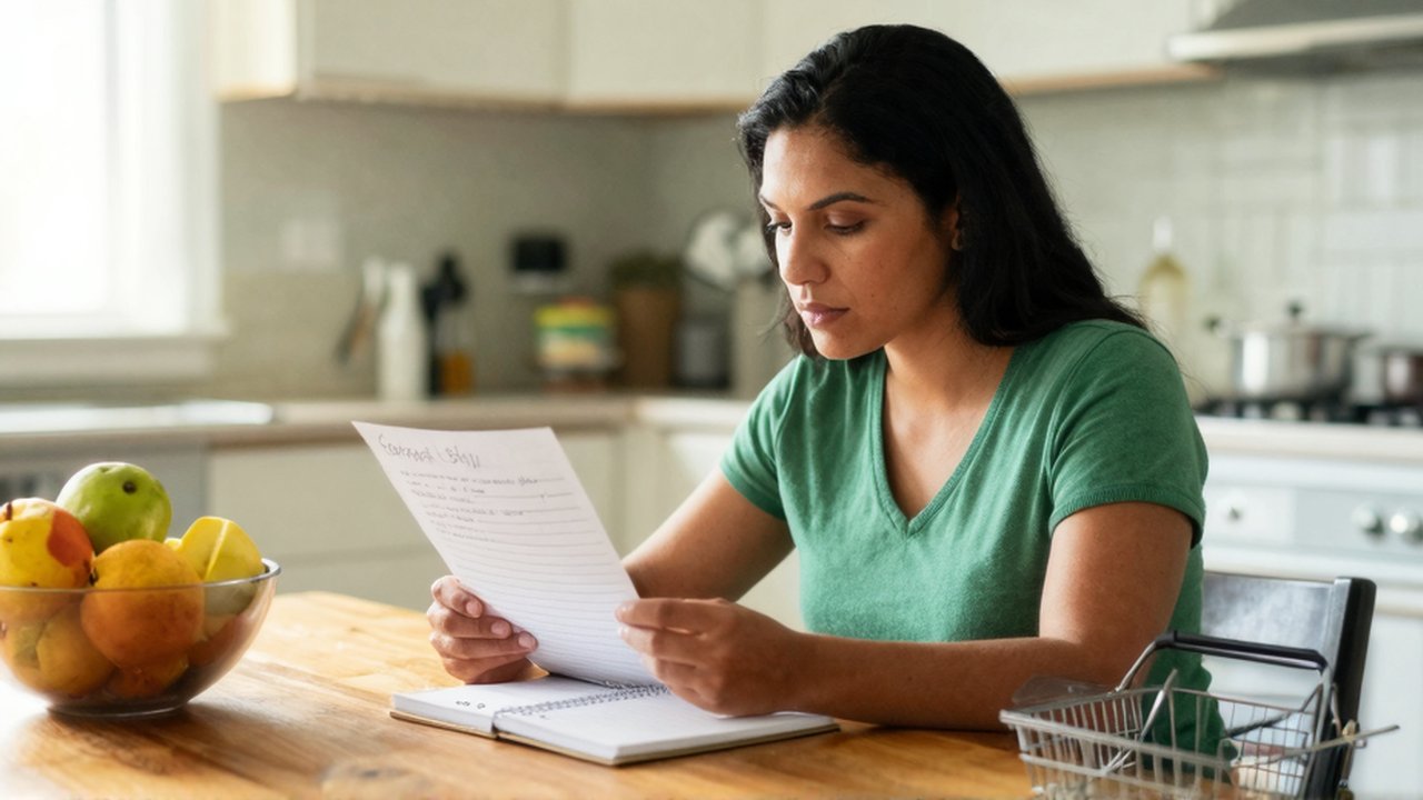 Una mujer analiza una lista de compras y un cuaderno sobre una mesa de madera en una cocina iluminada.