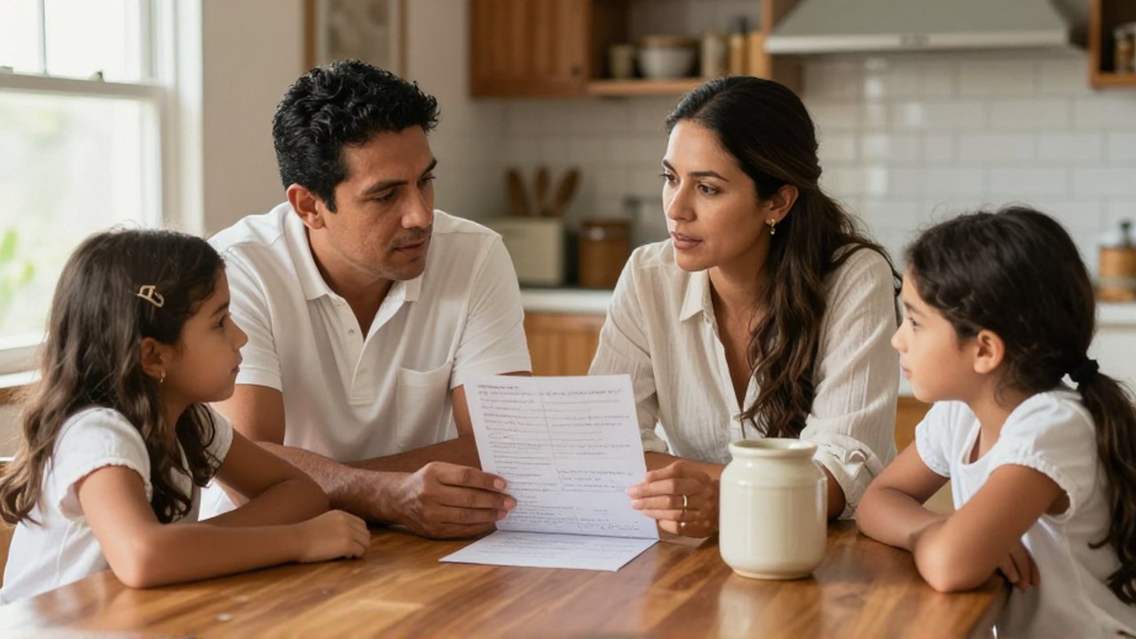Una familia sentada alrededor de una mesa de madera conversa mientras observa una lista manuscrita.