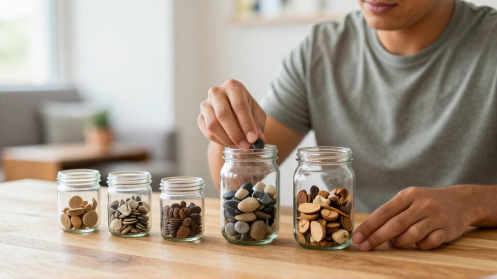 Una persona coloca piedras pequeñas y fichas de madera en varios frascos de vidrio sobre una mesa.