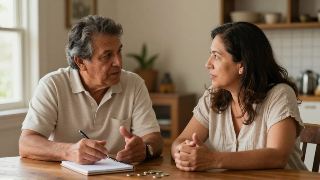 Pareja latinoamericana de mediana edad conversa con atención sentada frente a una mesa de madera.