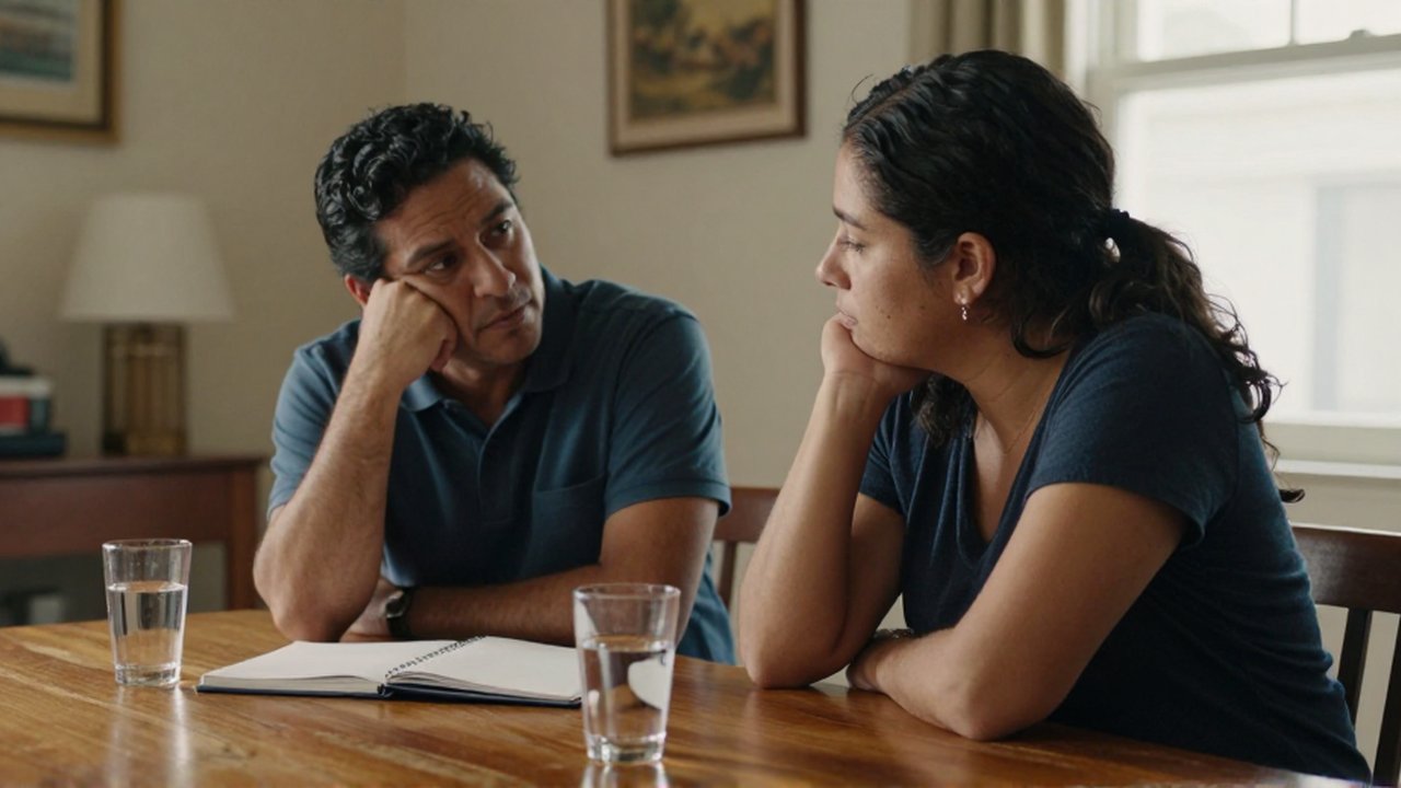Pareja latinoamericana sentada a una mesa de madera conversando con expresión reflexiva en un hogar.