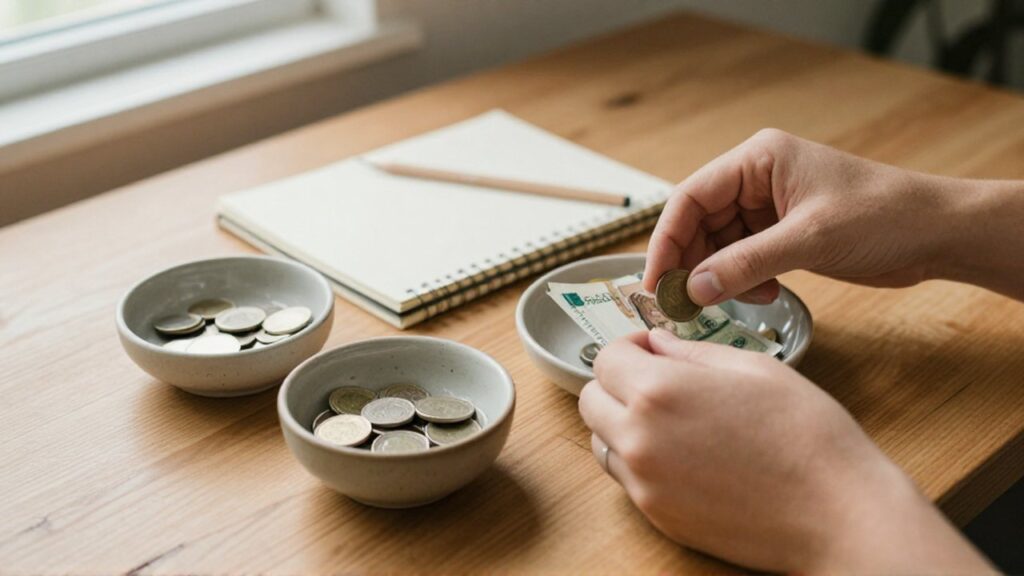 Unas manos colocan monedas y billetes doblados en cuencos de cerámica sobre una mesa de madera.