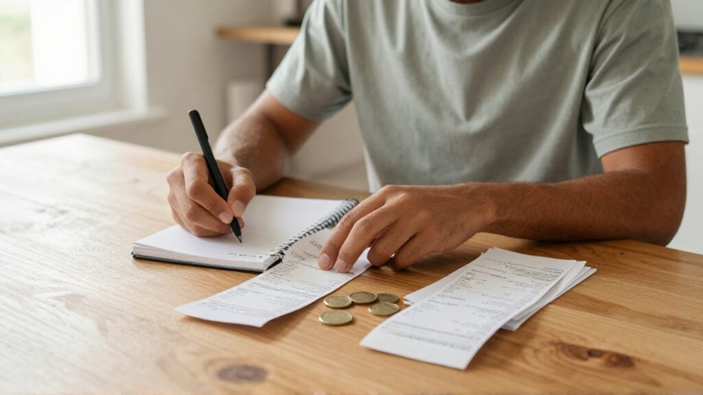 Una persona escribe cifras en un cuaderno junto a recibos y monedas sobre una mesa de madera.