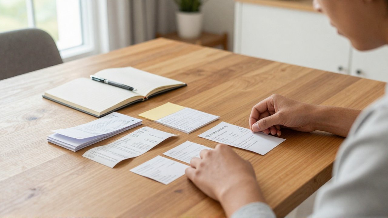 Una persona organiza recibos y papeles en pilas ordenadas sobre una mesa de madera junto a un cuaderno.