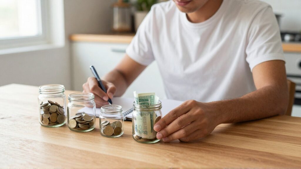 Una persona organiza diversos frascos de vidrio con monedas y billetes sobre una mesa de madera.