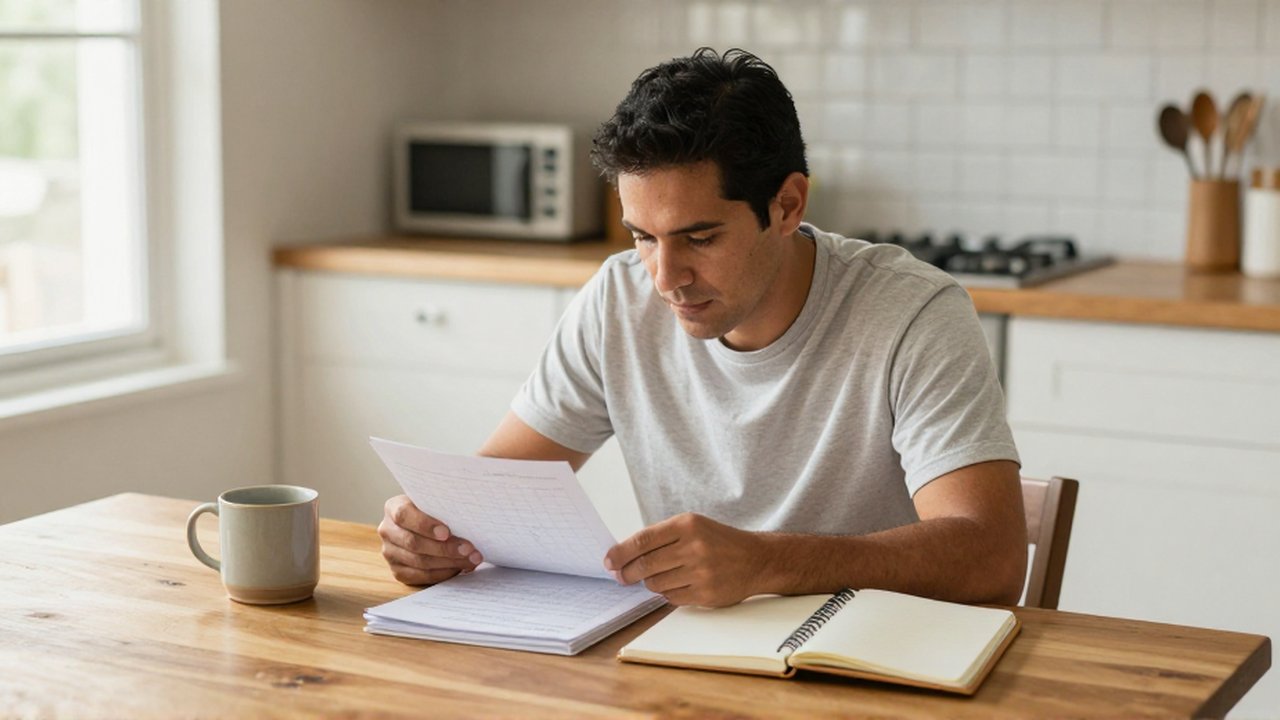 Un hombre latinoamericano sentado en una mesa de madera organiza su agenda y un cuaderno.