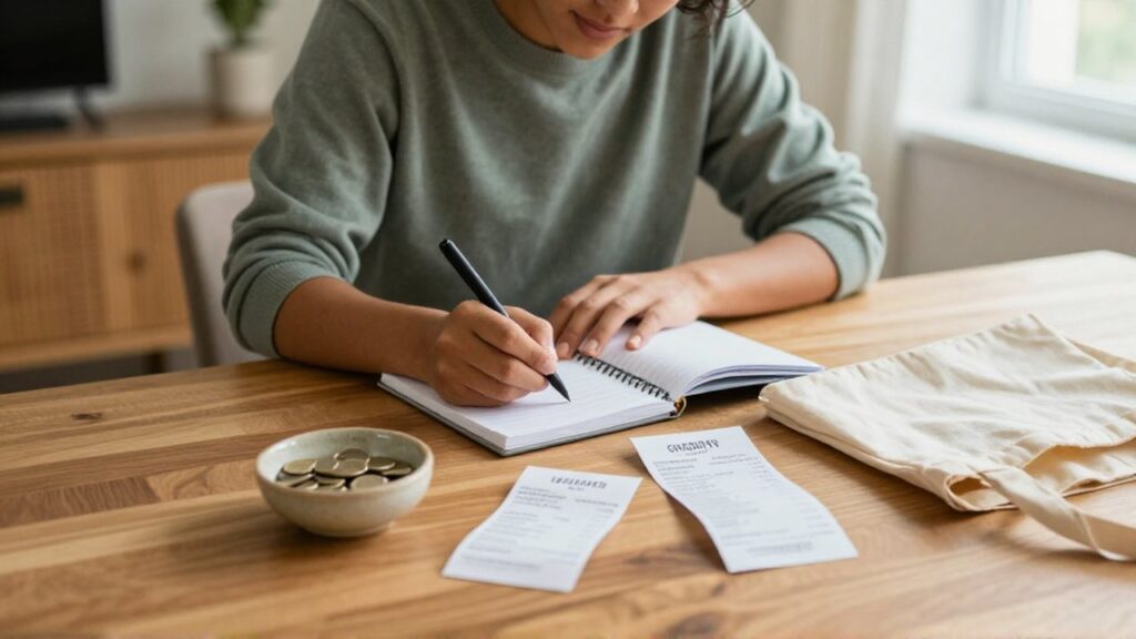 Una persona de ascendencia latinoamericana escribe en un cuaderno sobre una mesa de madera con monedas y recibos.