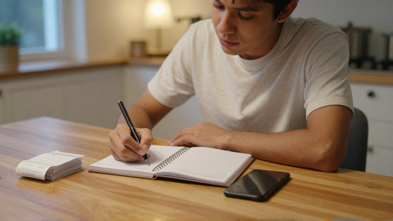 Una persona sentada frente a una mesa de madera revisa un cuaderno manuscritto con un smartphone y recibos.