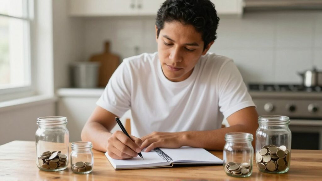 Una persona sentada a una mesa de madera organiza un cuaderno