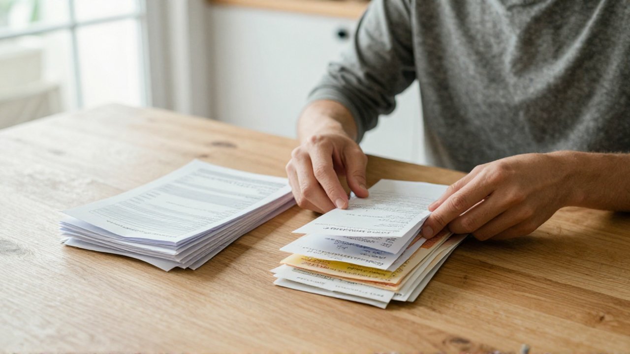 Una persona con expresión tranquila organiza recibos y notas manuscritas en dos pilas sobre una mesa de madera.